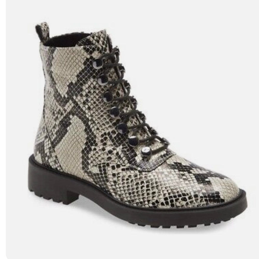 NEW Linea Paolo Womens Trinity Cream Snake Print Leather Combat Boots
Size 7